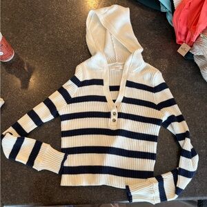 Aeropostale Navy and Cream Striped V-Neck Sweater